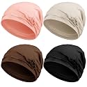 Geyoga 4 Pcs Chemo Turban Headwear for Women Soft Slouchy Cancer Headwear Elastic Sleep Cap with Flower Design