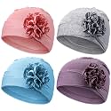 Geyoga 4 Pcs Chemo Turban Headwear for Women Soft Slouchy Cancer Headwear Elastic Sleep Cap with Flower Design