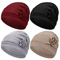 Geyoga 4 Pcs Chemo Turban Headwear for Women Soft Slouchy Cancer Headwear Elastic Sleep Cap with Flower Design