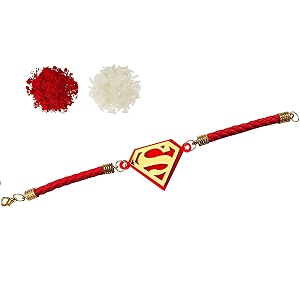 gftbx super heroes designer bracelet rakhi for brother for raksha bandhan with roli chawal - rakshabandhan rakhi for brother from sister gold acrylic