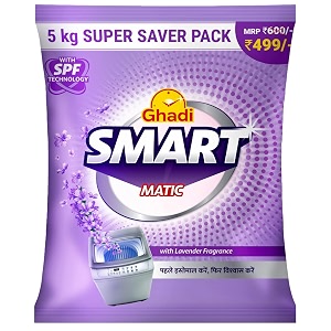 ghadi smart matic  advanced top amp front load detergent powder  lavender fragrance  tough on stains  gentle on fabrics  5 kg super saver pack