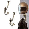 GHAR DWAR Metal Craft Customs Helmet Hanger Powder Coated with Additional Hooks for Keys and Jacket Vertical Wall Mount Helmet Hook Black (Brass Antique Halmet Hanger 1, Pack of 1)
