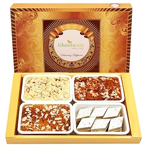 ghasitaram gifts big box of kaju katli soan papdi dodha burfi barfi and milk cakesweetssweets gift packdiwali sweetsindian mithaidiwali sweets gift box