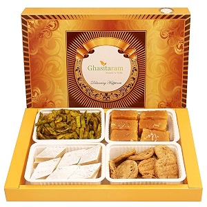 ghasitaram gifts big box of kaju katli soft mysore pak methi mathi amp potato palak chipsgift hamper diwali gift hamperfood hampersgourmet hampers