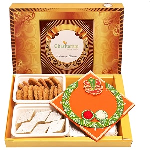 ghasitaram gifts big box of kaju katli methi mathi and orange ganesha pooja thalisweetssweets gift packdiwali sweetsindian mithaidiwali sweets gift box