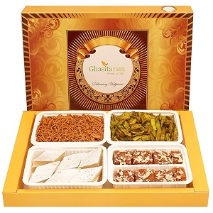 ghasitaram gifts big box of kaju katli dodha burfi barfi potato palak chips and soya sevgift hamper diwali gift hamperfood hampersgourmet hampers