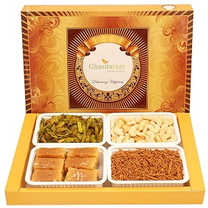 ghasitaram gifts big box of soft mysore pak soya sev cashew sahped biscuits and palak potato chipsgift hamper diwali gift hamperfood hampersgourmet hampers