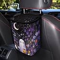 Ghost Daisy Flower Moon Pattern Car Trash Can Leakproof Garbage Bag with Lid and Zipper 1.2Gal Trash Bin Hanging for Back Seat Halloween Car Accessories Universal Fit