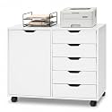 GIANTEX 5-Drawer File Cabinet with Wheels, Wooden Rolling Lateral Filing Cabinet with Door and Adjustable Shelf, Chest of Drawers, Mobile Printer Stand Organizer for Home Office and Bedroom (White)