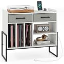 GIANTEX Large Record Player Stand with Charging Station &amp; 2 Drawers, White