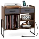 GIANTEX Large Record Player Stand with Charging Station &amp; 2 Drawers, Brown