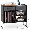 GIANTEX Large Record Player Stand with Charging Station &amp; 2 Drawers, Black