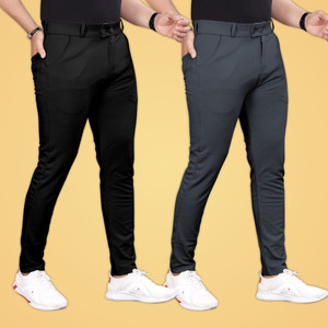 GIBBONTE Slim Fit Men Black Grey Trousers