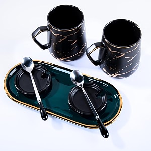 gibox black ceramic coffee mug set with lid spoon tray  luxury tea coffee mug set of 2  premium drinkware for serving tea coffee amp beverages  microwave safe vintage coffee cup combo for gifting