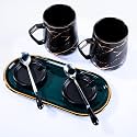 GIBOX Black Ceramic Coffee Mug Set with Lid, Spoon, Tray | Luxury Tea Coffee Mug Set of 2 | Premium Drinkware for Serving Tea, Coffee &amp; Beverages | Microwave Safe Vintage Coffee Cup Combo for Gifting