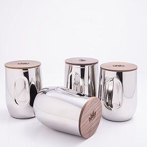 gibox silver luxe vacuum insulated travel coffee tea mug tumbler stainless steel 400ml leakproof double-wall hot amp cold beverage wooden lid 810 hours temperature retention for office pack of 4