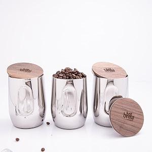gibox silver luxe vacuum insulated travel coffee tea mug tumbler stainless steel 400ml leakproof double-wall hot amp cold beverage wooden lid 810 hours temperature retention for office pack of 3