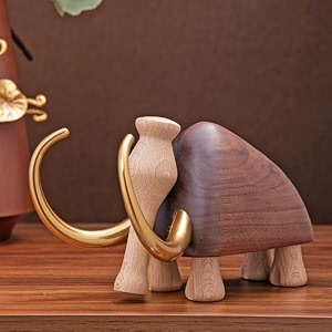 gibox walnut wood 10000 bc majestic mammoth elephant golden brass tusk showpiece for living room home decorative accent  small wild animal figuirine for shelf figurine side center table
