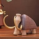 GIBOX Walnut Wood 10000 bc Majestic Mammoth, Elephant Golden Brass Tusk Showpiece for Living Room Home Decorative Accent | Small Wild Animal Figuirine for Shelf Figurine Side Center Table