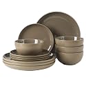 Gibson Home Rockaway 12 Piece Plates and Bowls Matte Outside/Shiny Inside Glaze Service for 4 Dinnerware Set - Brown - Dishwasher and Microwave Safe