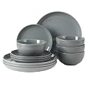 Gibson Home Rockaway 12 Piece Plates and Bowls Matte Outside/Shiny Inside Glaze Service for 4 Dinnerware Set - Blue - Dishwasher and Microwave Safe