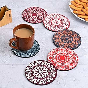 gift kya de coaster set of 6 mandala art wooden coasters with proper coaster stand coaster set fit for tea cups coffee mugs and glasses 35 x 35 inch colorful ecofriendly