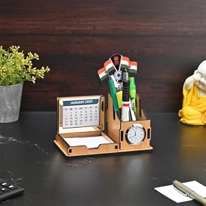 gkd desk organizer with clock amp calendar office table accessories 2024 calendar for office desk indian flag for office desk wooden pen stand with clock corporate gift bamboo ecofriendly