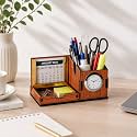 GKD Desk Organizer with Clock & Calendar office Table Accessories 2026 Calendar for office Desk, Pen Stand With Clock/Corporate Gift/Eco-Friendly- Dark Wood