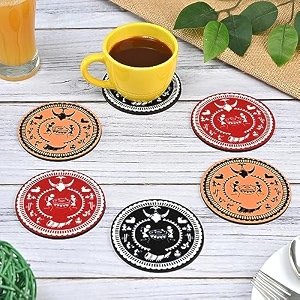 gkd coaster set of 6 bastar art wooden coasters with proper coaster stand tribal art home decor coaster set fit for tea cups coffee mugs and glasses 35 x 35 inch bastar art