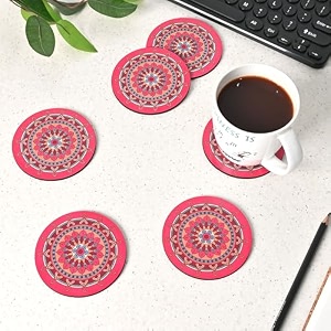 gift kya de gkd coaster set of 6 beautiful wooden coasters with proper coaster stand designer coaster set fit for tea cups coffee mugs and glasses round and designer 35 x 35 inch pink