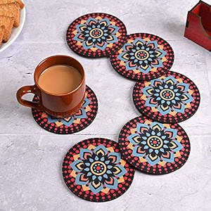 gkd coaster set of 6 beautiful wooden coasters with proper coaster stand  designer coaster set fit for tea cups coffee mugs and glasses round and designer 35 x 35 inch black