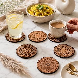 gift kya de gkd coaster set of 6 mandala art wooden coasters with proper coaster stand coaster set fit for tea cups coffee mugs and glasses 35 x 35 inch bamboo ecofriendly