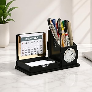 gift kya de desk organizer with clock amp calendar office table accessories 2026 calendar for office desk wooden pen stand with clocknew year gifteco-friendly- black