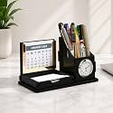 Gift Kya De Desk Organizer With Clock &amp; Calendar office Table Accessories 2026 Calendar For office Desk Wooden Pen Stand With Clock/New Year Gift/Eco-Friendly- Black