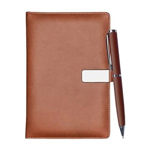 giftana 2 in 1 leather notebook diary and metal pen set for men and women - birthday gift for husband brother father new year corporate employee tan silver