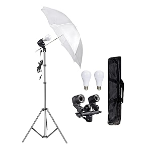 giftmax studio double holder kit umbrella white  studio light stand 9 ft  umbrella and bulb holder kit set of 1 1 double holder 1 light stand 9ft 1 umbrella 1 20 wt led blub 1 kit bag
