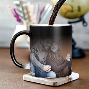 personalized magic mug  custom photo text logo  heat sensitive color changing mug  unique gift for birthday anniversary valentines day  325ml black ceramic cup