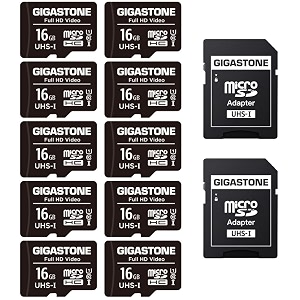 gigastone 16gb micro sd card 10 pack full hd video surveillance security cam action camera drone 85mbs micro sdhc class 10 with adapter
