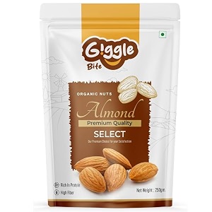 giggle bite select almondsbadam - pack of 250g  whole raw crunchy fresh amp real nuts  protein amp fiber-rich dry fruits  gluten-free healthy snack for kids amp adults pouch