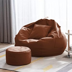 4xl bean bag with footstool amp cushion ready to use filled with beans  faux leather bean bag chair for home tan xxxxl