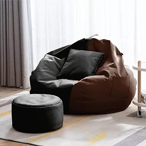 4xl bean bag with footstool amp cushion ready to use filled with beans  faux leather bean bag chair for home black amp brown 4xl