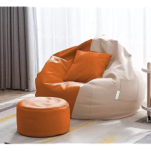 4xl bean bag with footstool amp cushion ready to use filled with beans  faux leather bean bag chair for home cream amp orange 3xl