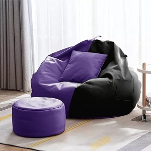 4xl bean bag with footstool amp cushion ready to use filled with beans  faux leather bean bag chair for home purple amp black 4xl