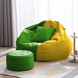 4xl bean bag with footstool amp cushion ready to use filled with beans  faux leather bean bag chair for home yellow ampgreen 4xl