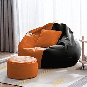 4xl bean bag with footstool amp cushion ready to use filled with beans  faux leather bean bag chair for home orange amp black 3xl