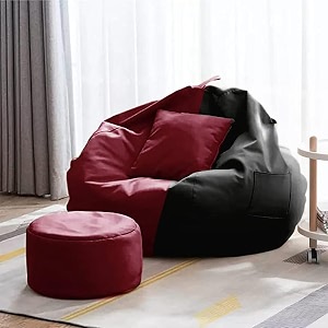 4xl bean bag with footstool amp cushion ready to use filled with beans  faux leather bean bag chair for home maroon amp black 3xl