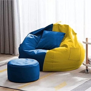 4xl bean bag with footstool amp cushion ready to use filled with beans  faux leather bean bag chair for home yellow amp blue 3xl
