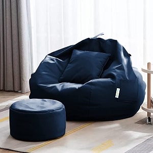 4xl bean bag with footstool amp cushion ready to use filled with beans  faux leather bean bag chair for home navy blue xxxxl