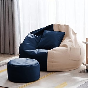 4xl bean bag with footstool amp cushion ready to use filled with beans  faux leather bean bag chair for home navy blue amp cream 3xl