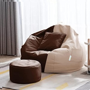 4xl bean bag with footstool amp cushion ready to use filled with beans  faux leather bean bag chair for home cream amp brown 3xl